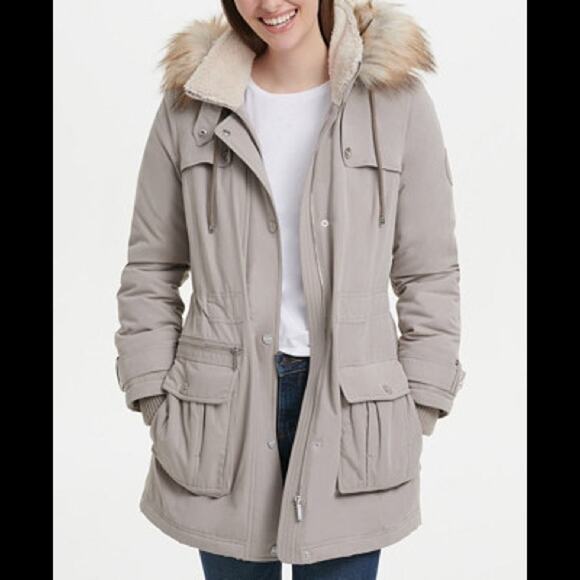 NWOT DKNY Faux-Fur Trim Hooded Anorak Ja Thistle XL